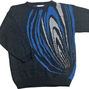 Vintage Jonathan Cass Abstract 80s Sweater Black Blue Gray‎ Coogi-Style Size L